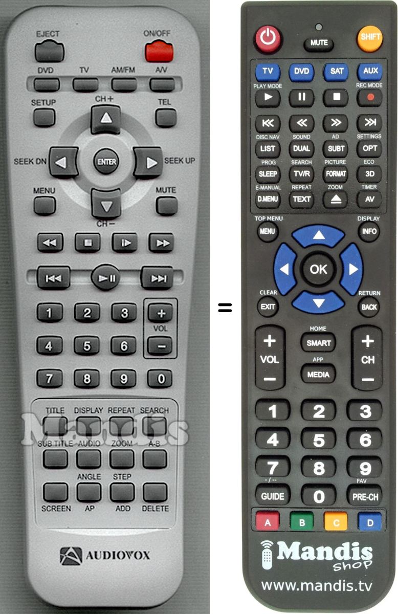 Replacement remote control AUDIOVOX VE1020