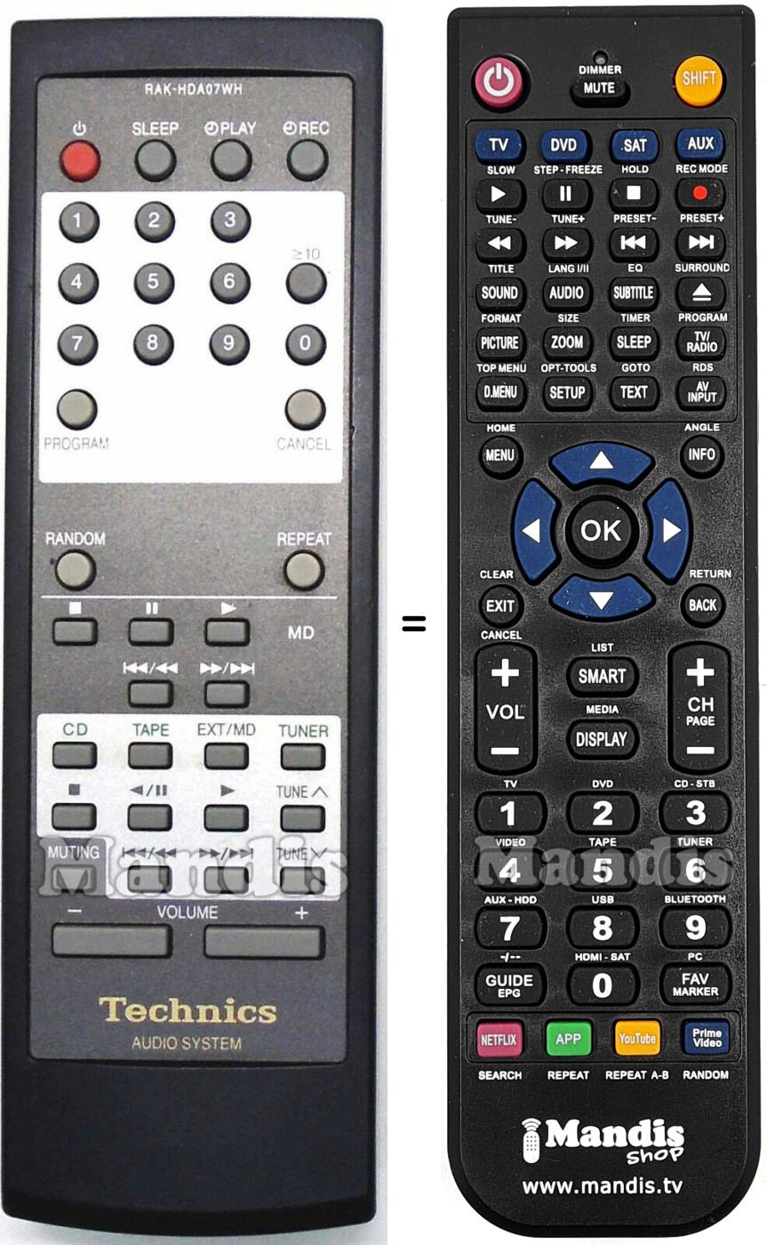 Replacement remote control Technics RAKHDA07WH