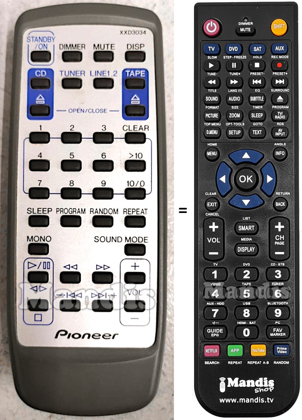 Replacement remote control Pioneer XXD3034