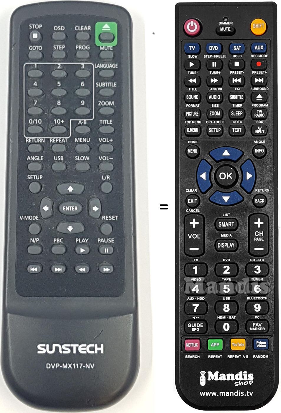 Replacement remote control Sunstech DVP-MX117NV